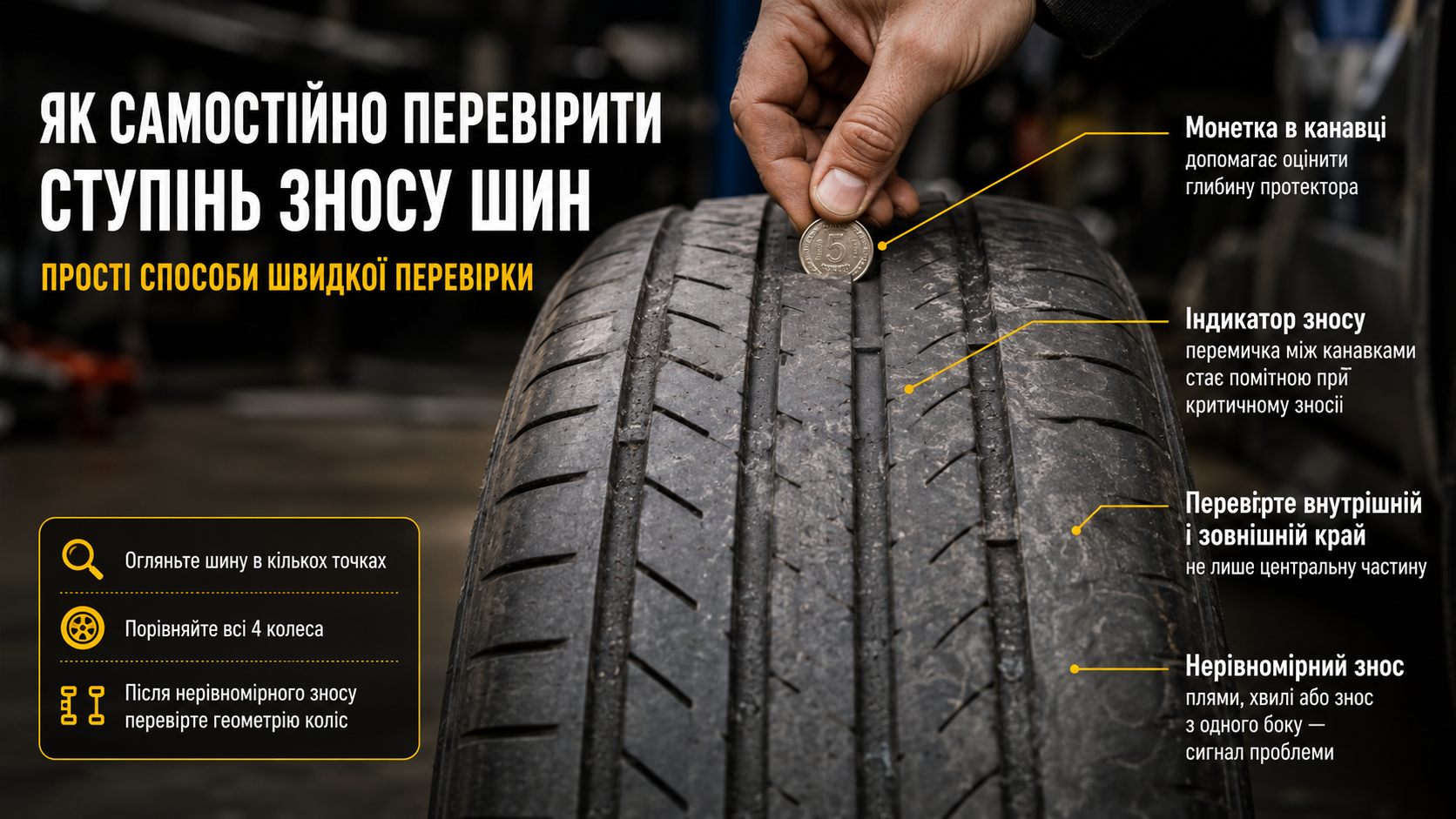 Як перевірити ступінь зносу шин